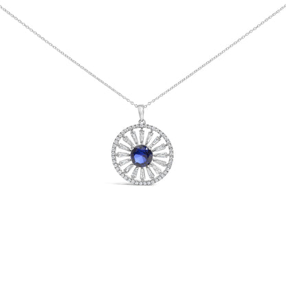 White necklace shown on a white background with a circular pendant featuring a central blue gemstone surrounded by white baguette and round gemstones, viewed from the front.