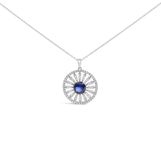 White necklace shown on a white background with a circular pendant featuring a central blue gemstone surrounded by white baguette and round gemstones, viewed from the front.