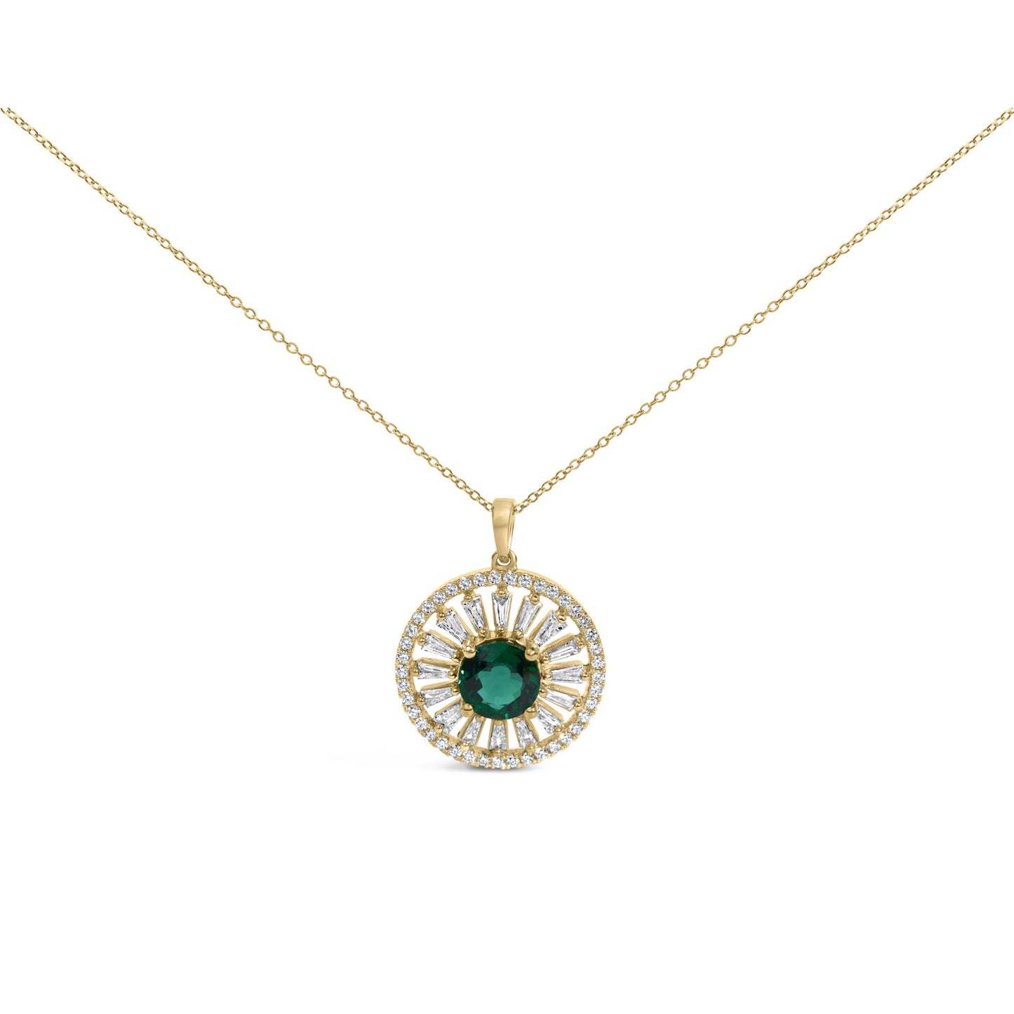 14K Yellow Gold Plated Sterling Silver 8mm Lab Created Emerald Sunburst Medallion Pendant Necklace