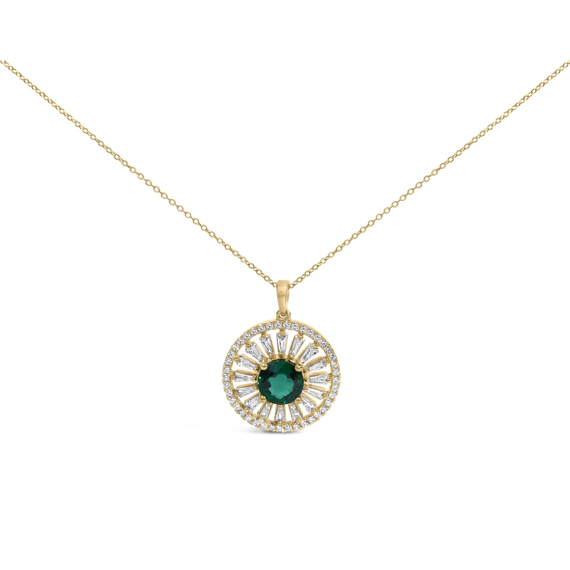 14K Yellow Gold Plated Sterling Silver 8mm Lab Created Emerald Sunburst Medallion Pendant Necklace