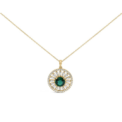 14K Yellow Gold Plated Sterling Silver 8mm Lab Created Emerald Sunburst Medallion Pendant Necklace