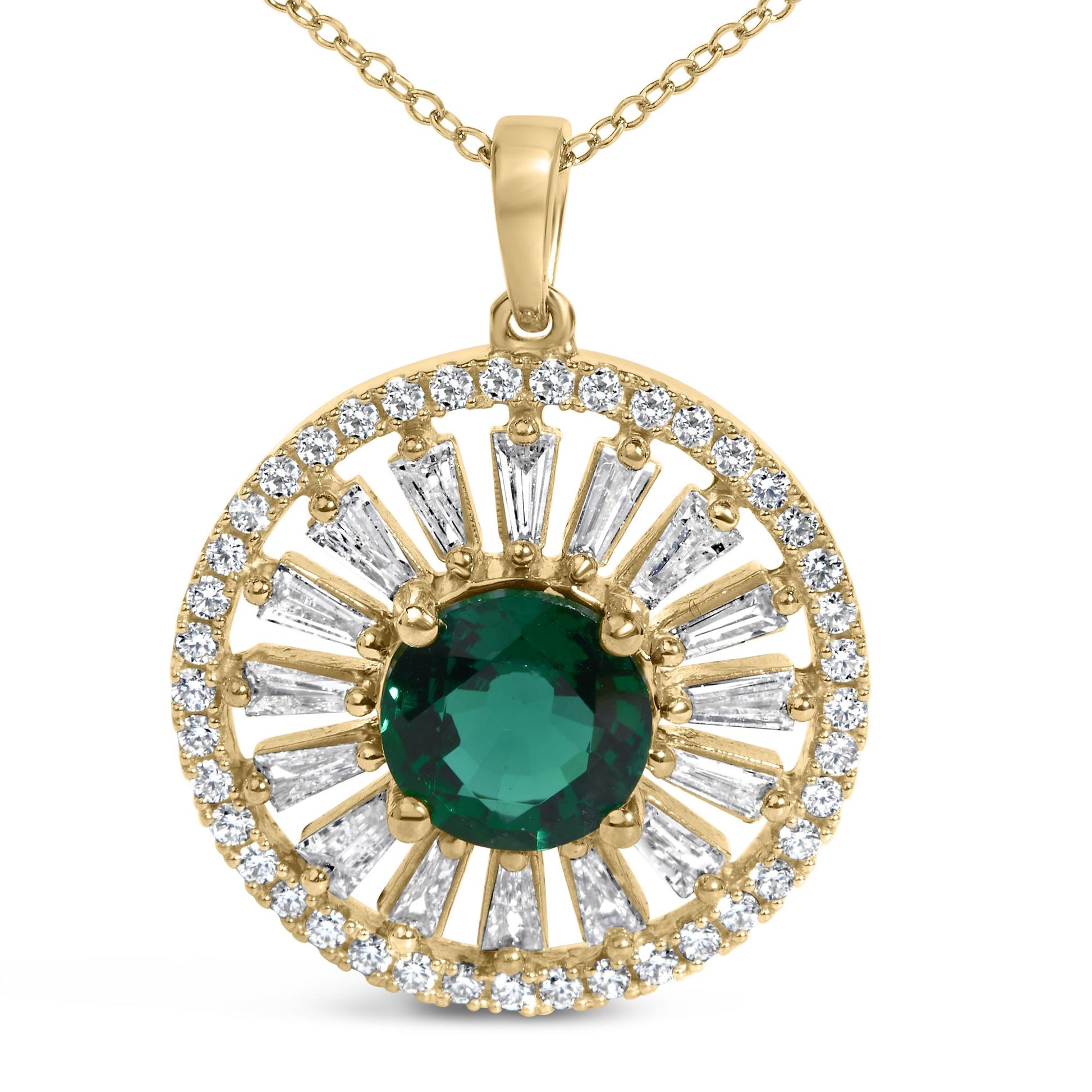 14K Yellow Gold Plated Sterling Silver 8mm Lab Created Emerald Sunburst Medallion Pendant Necklace