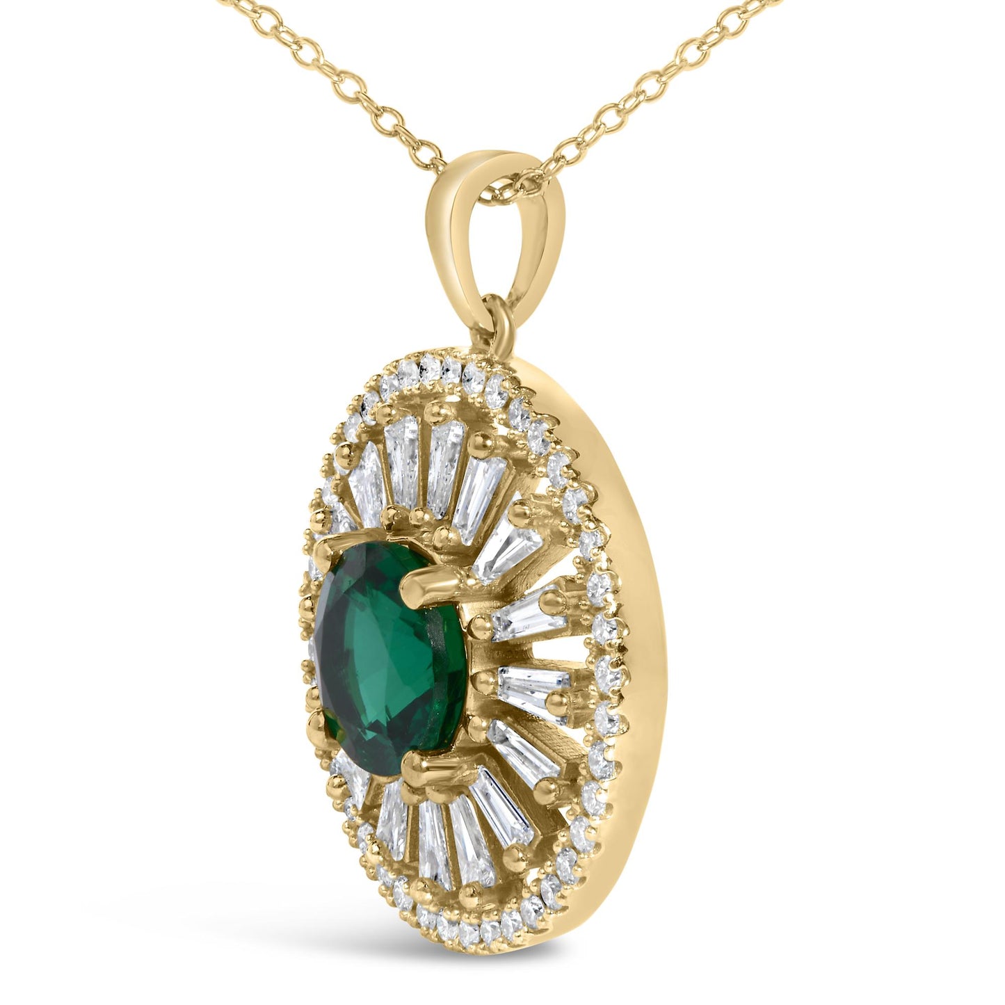 14K Yellow Gold Plated Sterling Silver 8mm Lab Created Emerald Sunburst Medallion Pendant Necklace