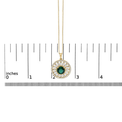 14K Yellow Gold Plated Sterling Silver 8mm Lab Created Emerald Sunburst Medallion Pendant Necklace