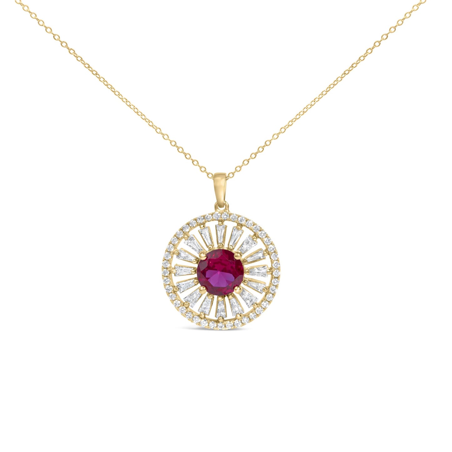 14K Yellow Gold Plated Sterling Silver Lab Grown Ruby and Diamond Sunburst Medallion Pendant Necklace