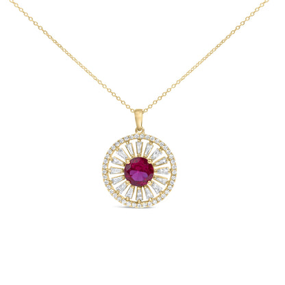14K Yellow Gold Plated Sterling Silver Lab Grown Ruby and Diamond Sunburst Medallion Pendant Necklace