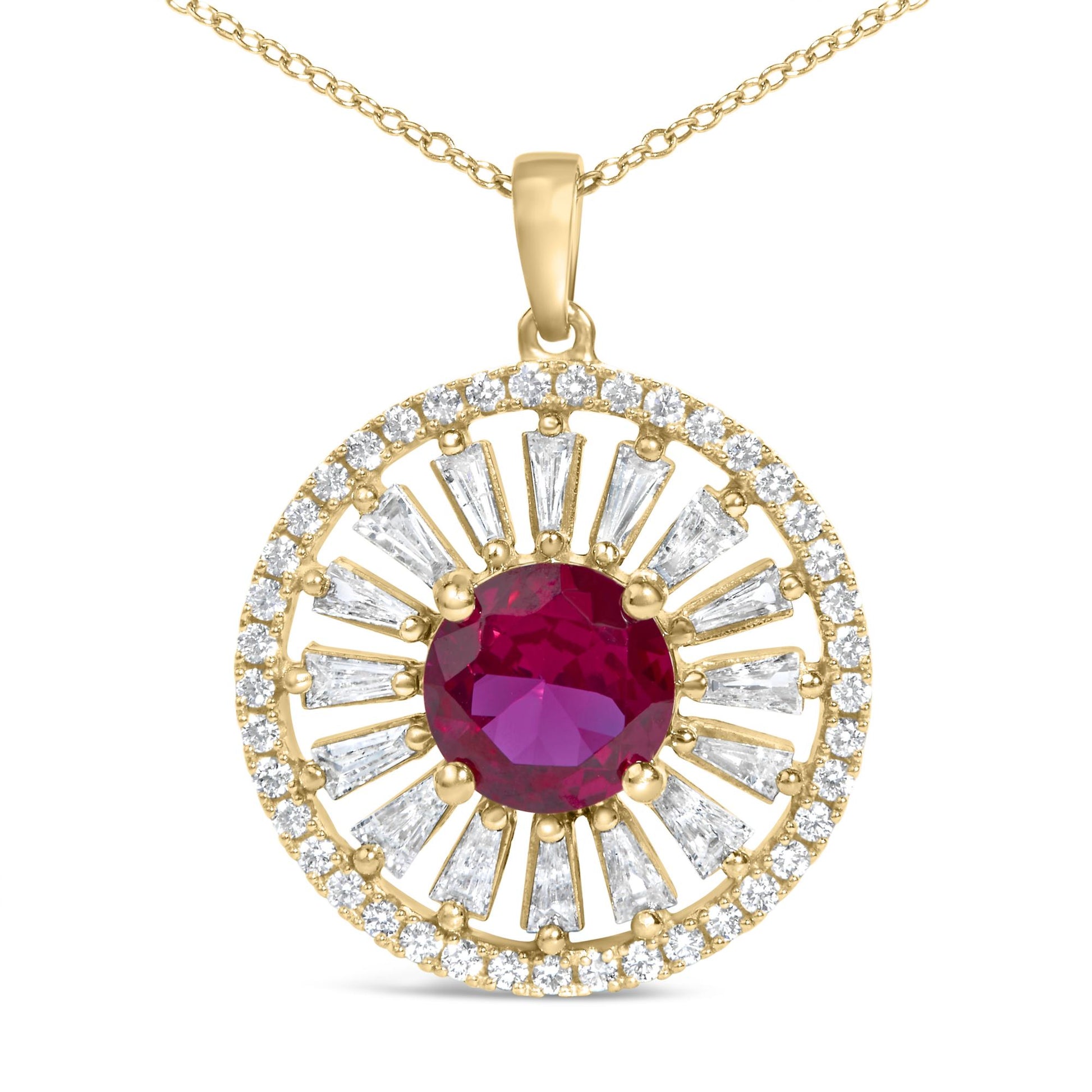 14K Yellow Gold Plated Sterling Silver Lab Grown Ruby and Diamond Sunburst Medallion Pendant Necklace