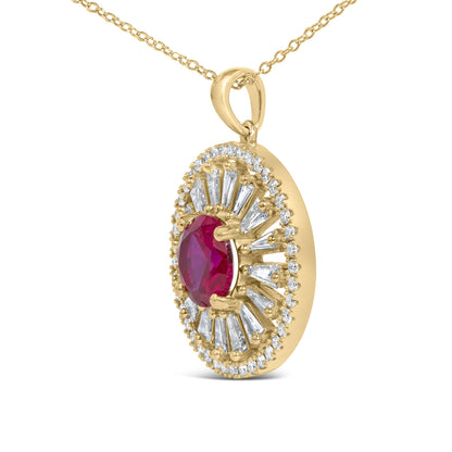 14K Yellow Gold Plated Sterling Silver Lab Grown Ruby and Diamond Sunburst Medallion Pendant Necklace