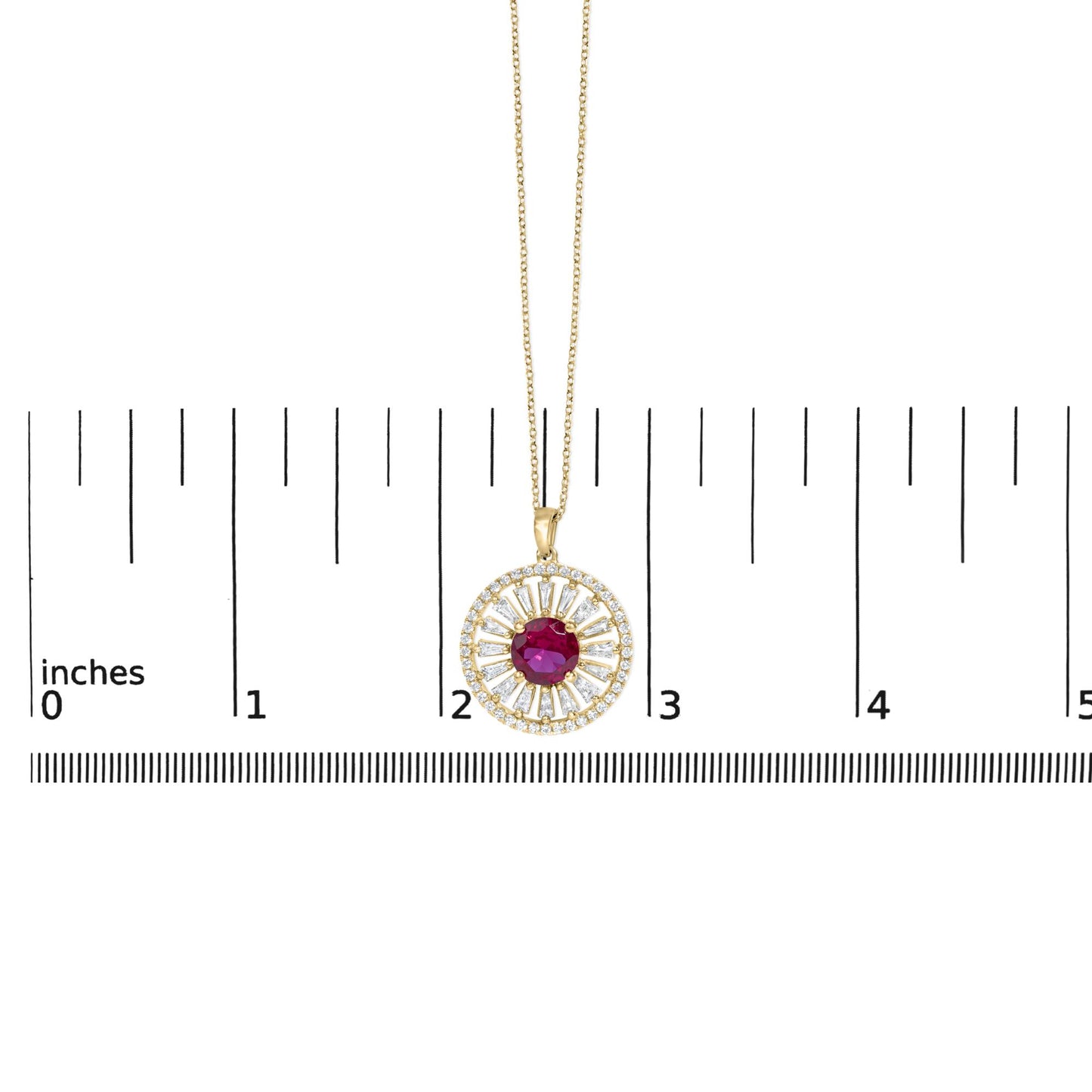 14K Yellow Gold Plated Sterling Silver Lab Grown Ruby and Diamond Sunburst Medallion Pendant Necklace