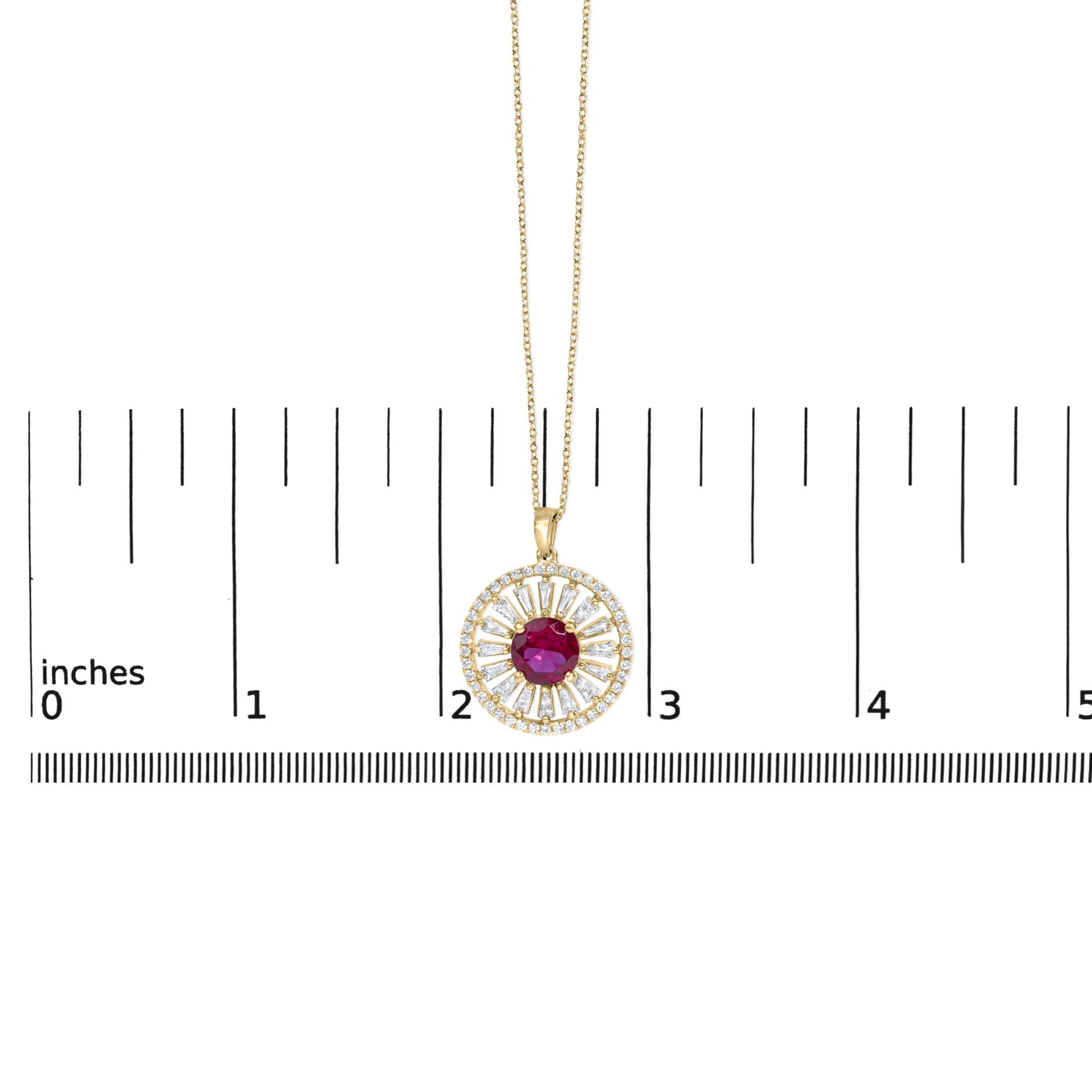 14K Yellow Gold Plated Sterling Silver Lab Grown Ruby and Diamond Sunburst Medallion Pendant Necklace