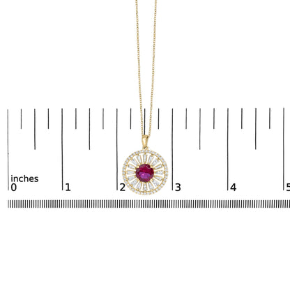14K Yellow Gold Plated Sterling Silver Lab Grown Ruby and Diamond Sunburst Medallion Pendant Necklace