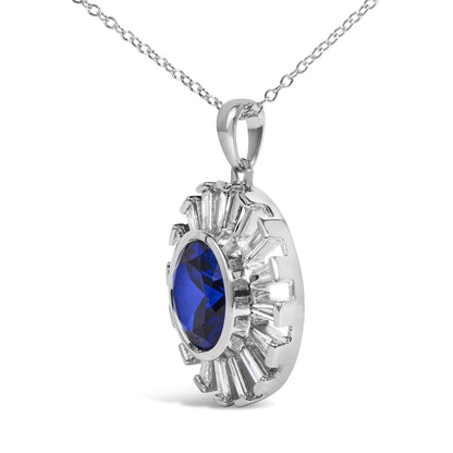 Close-up front angle of a white metal necklace pendant with a large oval blue gemstone in the center, surrounded by multiple baguette-shaped white gemstones in a channel setting.