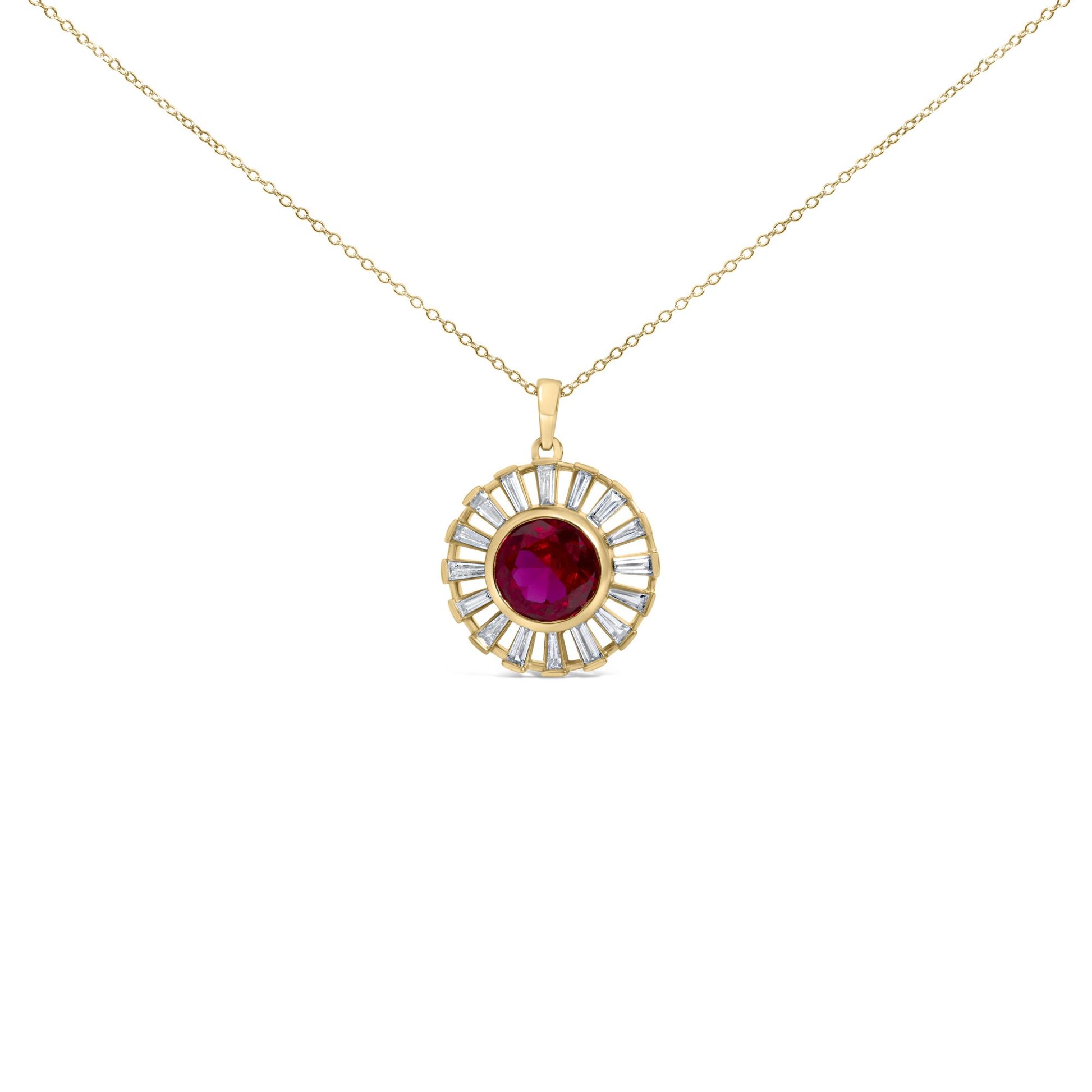 Close-up front view of a yellow metal necklace with a circular pendant featuring a central round red gemstone surrounded by baguette-shaped white gemstones in a radiating channel setting.