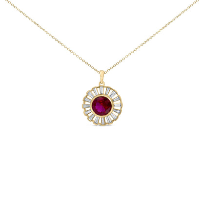 Close-up front view of a yellow metal necklace with a circular pendant featuring a central round red gemstone surrounded by baguette-shaped white gemstones in a radiating channel setting.