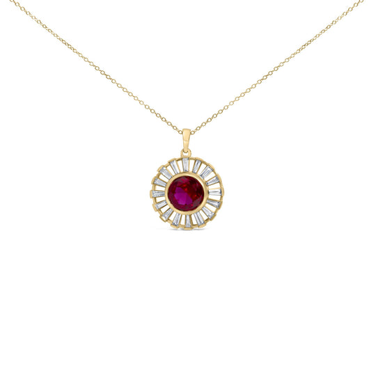 Close-up front view of a yellow metal necklace with a circular pendant featuring a central round red gemstone surrounded by baguette-shaped white gemstones in a radiating channel setting.
