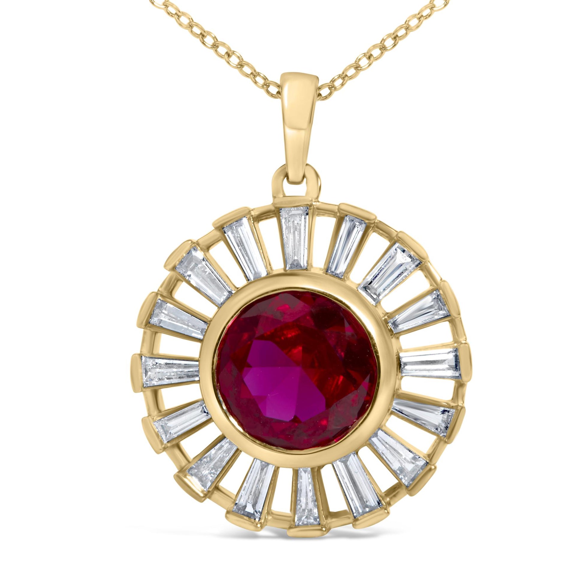 Close-up angled front view of a yellow metal necklace pendant featuring a large round red gemstone in the center, surrounded by white baguette-shaped gemstones in a channel setting arranged in a radiant pattern.