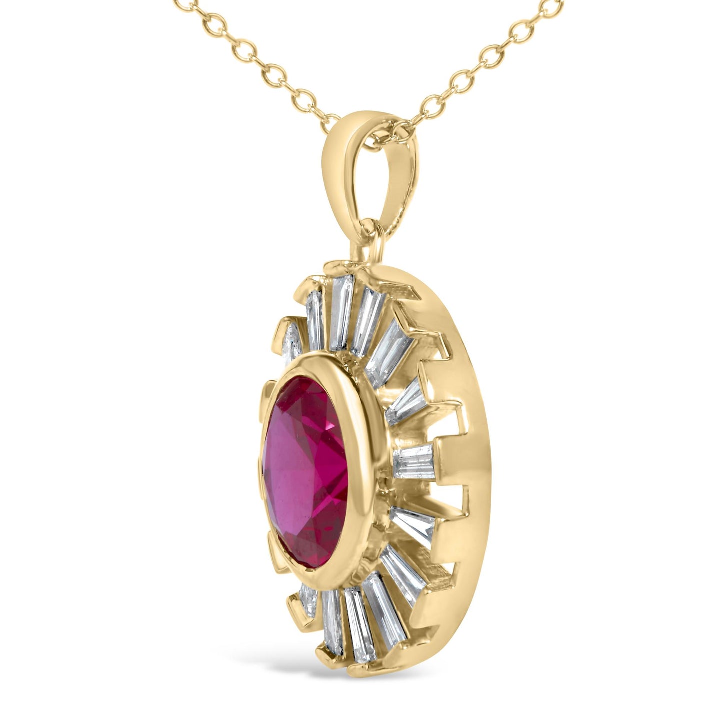 Close-up angle of a yellow necklace pendant featuring a large red round gemstone in the center, surrounded by multiple white baguette-shaped gemstones in a channel setting.