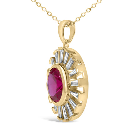 Close-up angle of a yellow necklace pendant featuring a large red round gemstone in the center, surrounded by multiple white baguette-shaped gemstones in a channel setting.