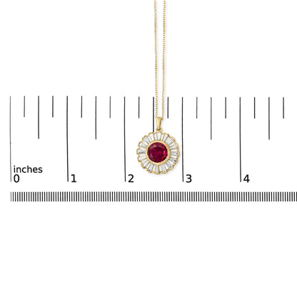 Close-up front view of a yellow necklace pendant shown on a measurement scale, featuring a round red gemstone center surrounded by white baguette-shaped gemstones in a channel setting.