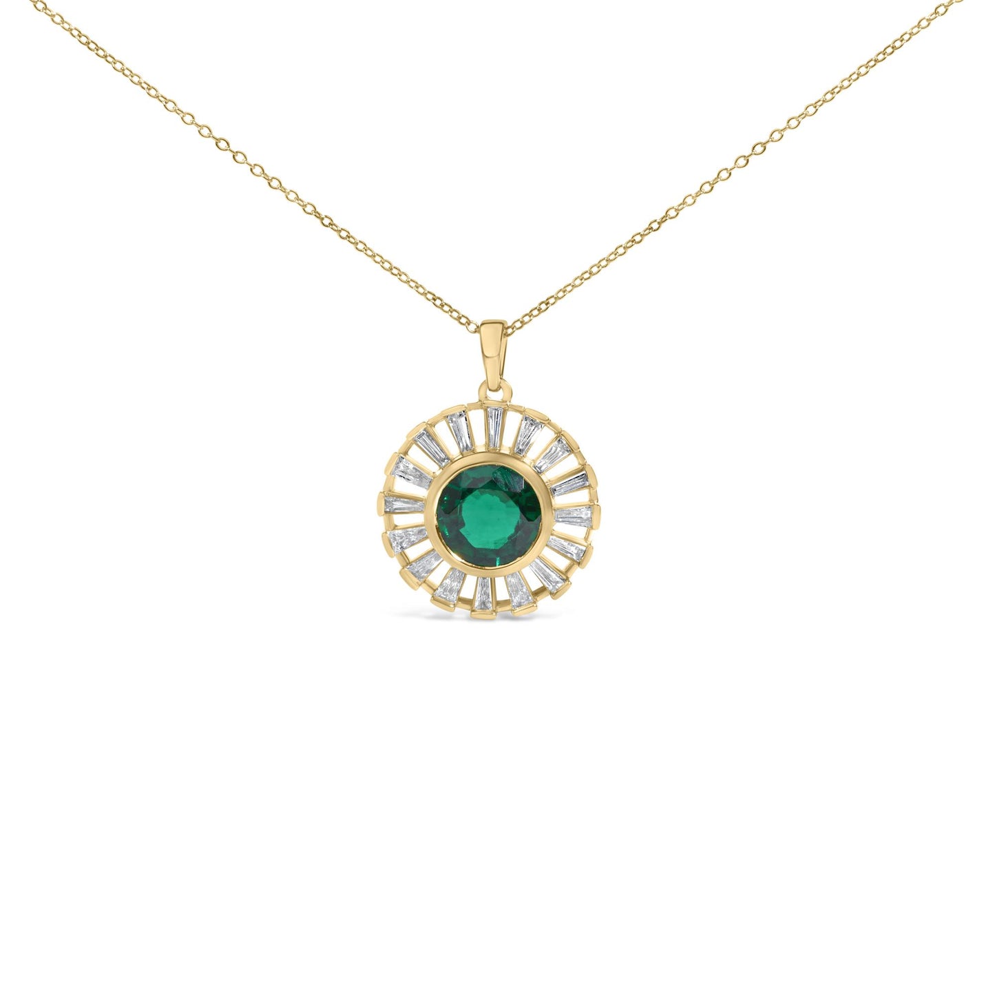 14K Yellow Gold Plated Sterling Silver Lab Created Emerald and Baguette Diamond Sunburst Medallion Pendant Necklace
