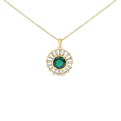 14K Yellow Gold Plated Sterling Silver Lab Created Emerald and Baguette Diamond Sunburst Medallion Pendant Necklace