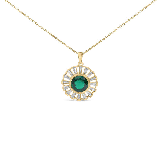 14K Yellow Gold Plated Sterling Silver Lab Grown Emerald and Baguette Diamond Sunburst Medallion Pendant Necklace
