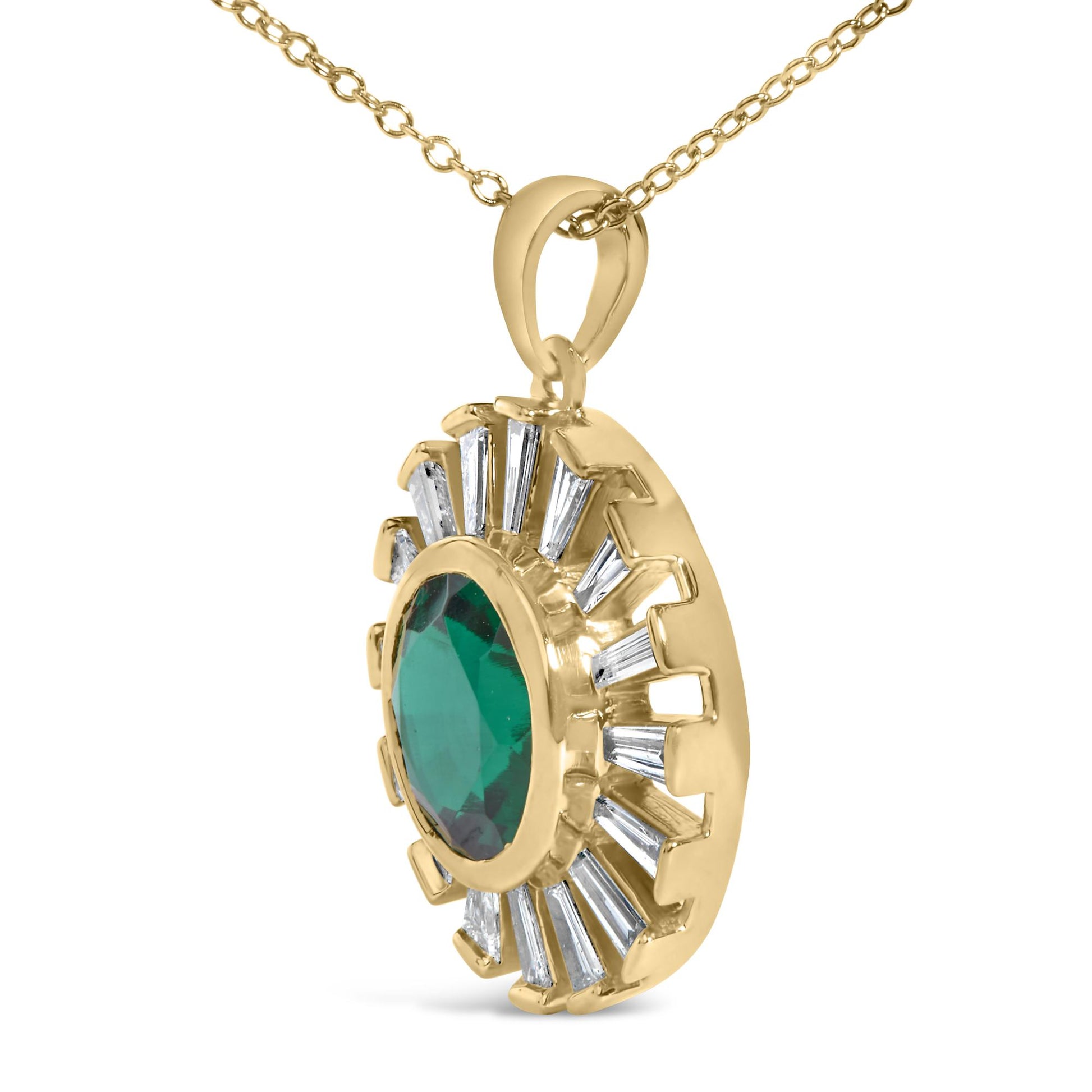 14K Yellow Gold Plated Sterling Silver Lab Created Emerald and Baguette Diamond Sunburst Medallion Pendant Necklace