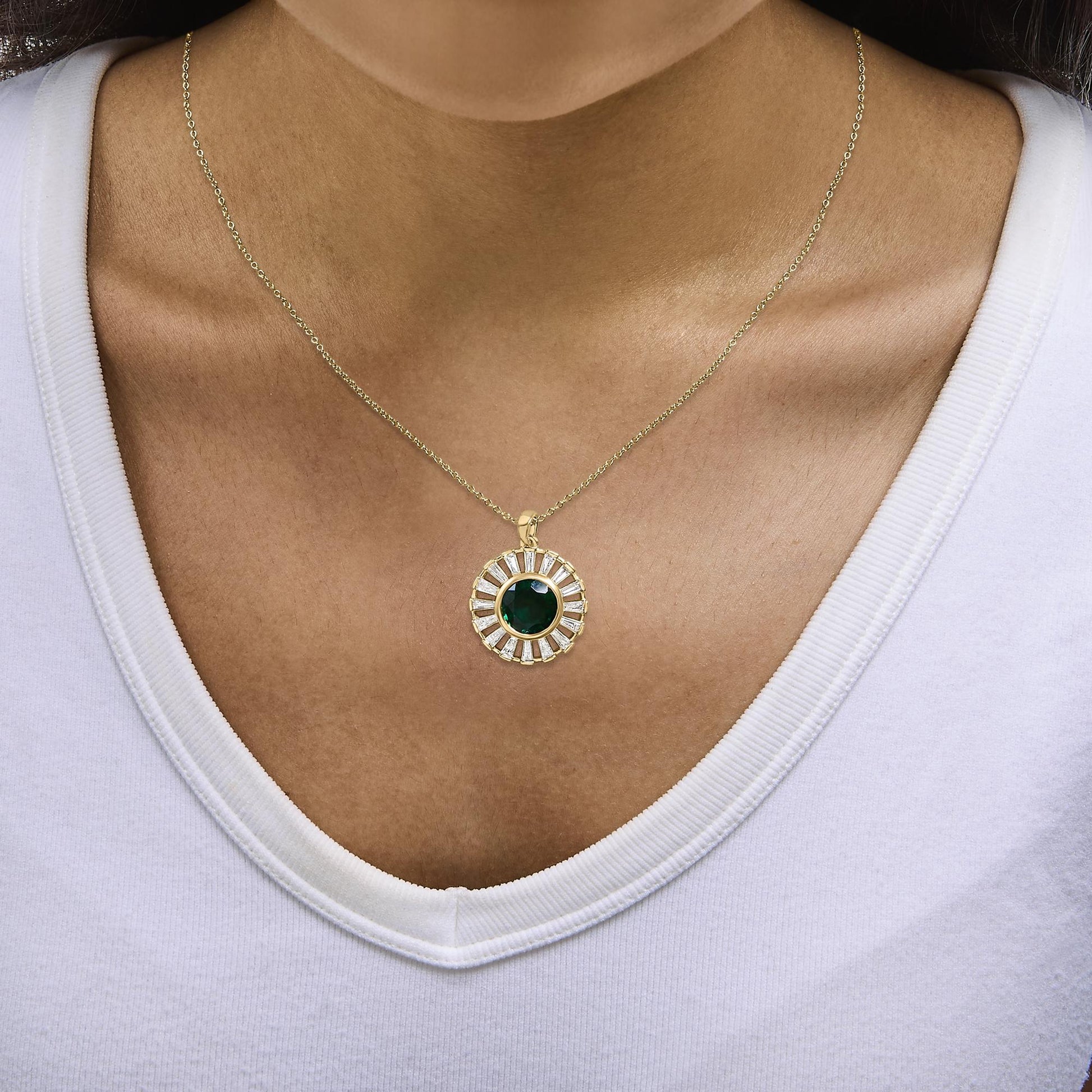 14K Yellow Gold Plated Sterling Silver Lab Created Emerald and Baguette Diamond Sunburst Medallion Pendant Necklace
