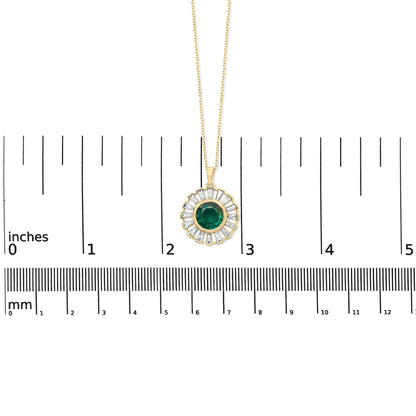 14K Yellow Gold Plated Sterling Silver Lab Created Emerald and Baguette Diamond Sunburst Medallion Pendant Necklace