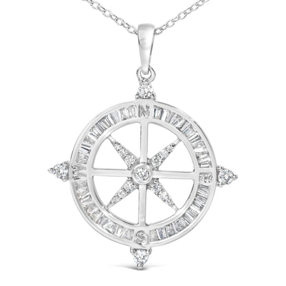 Close-up front view of a white metal compass pendant necklace featuring white baguette-shaped gemstones in a channel setting around the outer circle and white round-shaped gemstones in prong settings at the four cardinal points and center.