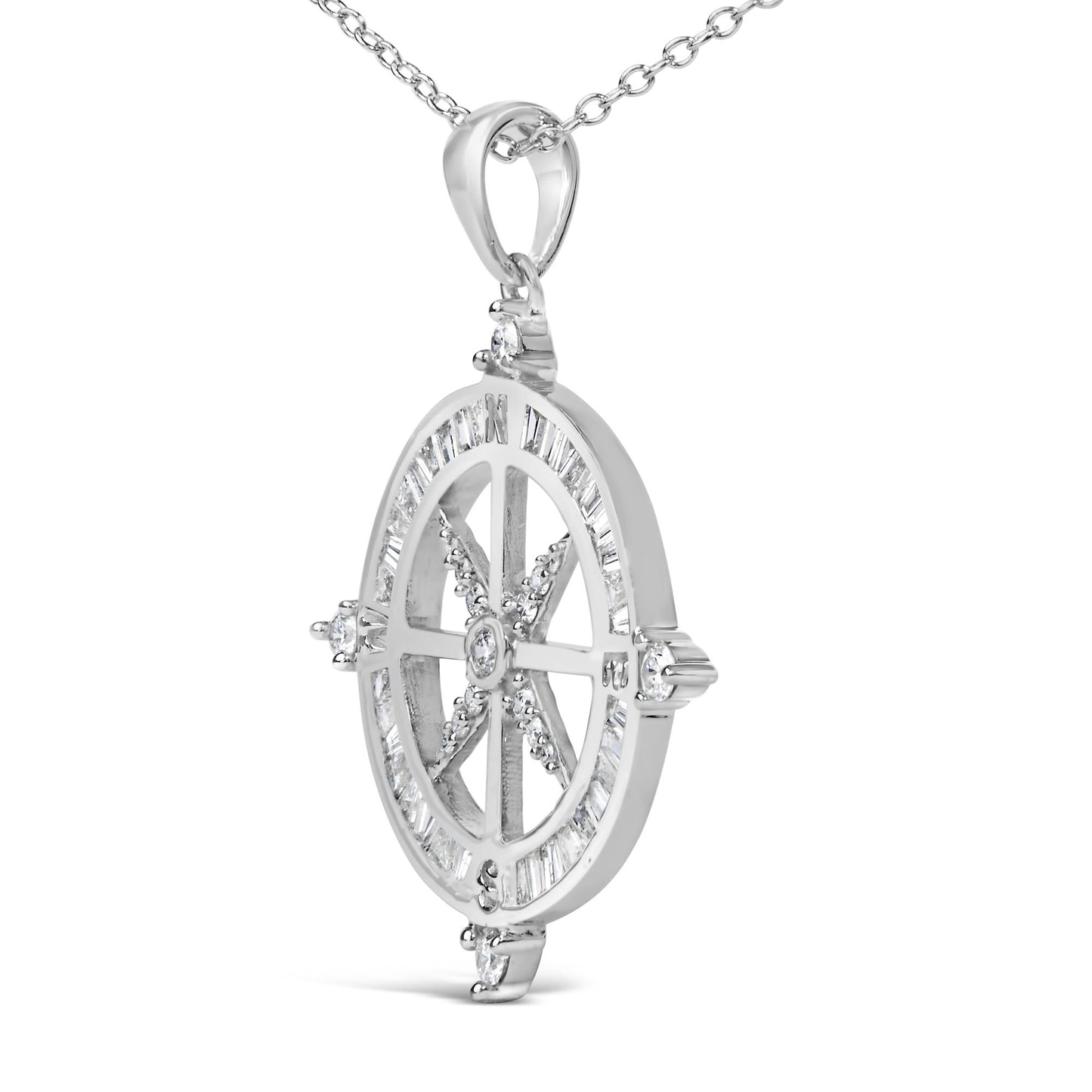 Close-up angled view of a white metal necklace pendant featuring a circular design. The pendant is adorned with white gemstones in baguette shape with channel setting around the outer edge and round shape with prong setting within the interior and at the four cardinal points. The pendant hangs from a white metal chain.