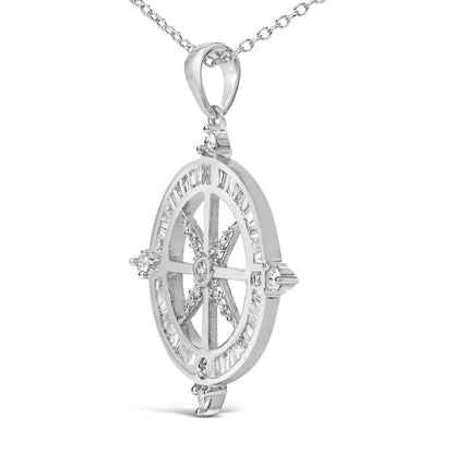 Close-up angled view of a white metal necklace pendant featuring a circular design. The pendant is adorned with white gemstones in baguette shape with channel setting around the outer edge and round shape with prong setting within the interior and at the four cardinal points. The pendant hangs from a white metal chain.