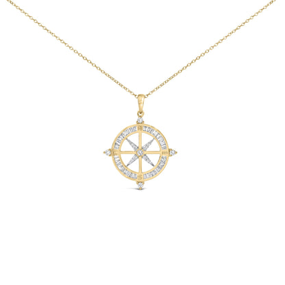 Close-up front view of a yellow necklace with a round pendant featuring a compass design. The pendant is adorned with white baguette-shaped gemstones in a channel setting around the circle and accented with round white gemstones in a prong setting at the cardinal points and center.