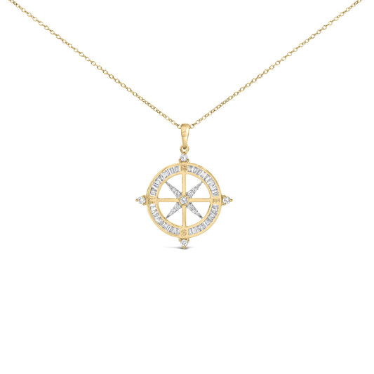 Close-up front view of a yellow necklace with a round pendant featuring a compass design. The pendant is adorned with white baguette-shaped gemstones in a channel setting around the circle and accented with round white gemstones in a prong setting at the cardinal points and center.