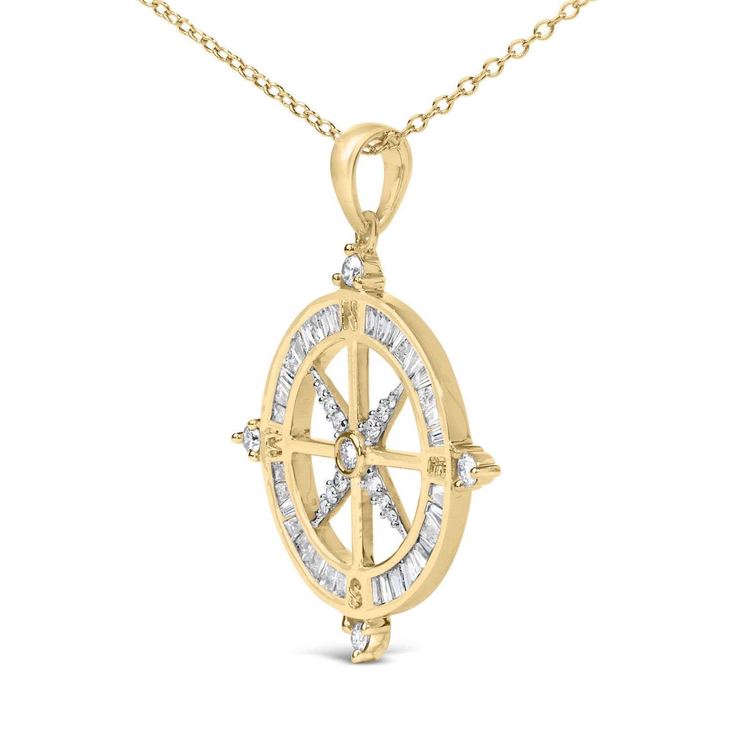 Close-up front angle of a yellow metal necklace pendant with an oval shape featuring white baguette gemstones in channel settings around the border and white round gemstones in prong settings forming a star pattern inside the oval. The pendant is attached to a yellow metal chain.