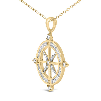 Close-up front angle of a yellow metal necklace pendant with an oval shape featuring white baguette gemstones in channel settings around the border and white round gemstones in prong settings forming a star pattern inside the oval. The pendant is attached to a yellow metal chain.