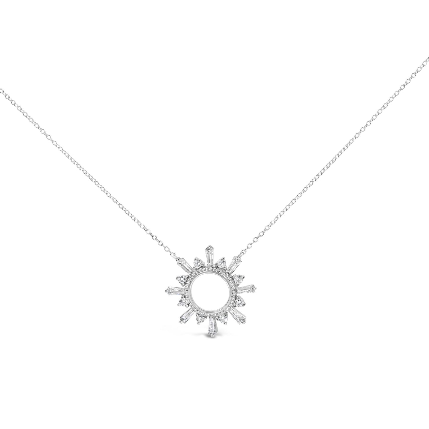 Front view of a white metal necklace with a circular pendant featuring alternating baguette and round white gemstones in prong settings arranged like sun rays.