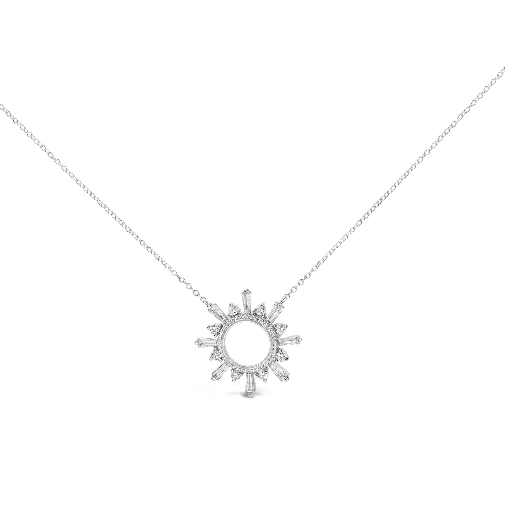 Front view of a white metal necklace with a circular pendant featuring alternating baguette and round white gemstones in prong settings arranged like sun rays.