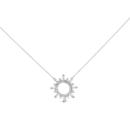 Front view of a white metal necklace with a circular pendant featuring alternating baguette and round white gemstones in prong settings arranged like sun rays.