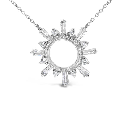 Close-up front view of a white metal necklace pendant with a circular center, surrounded by alternating prong-set white round and baguette-shaped gemstones, shown on a white background.