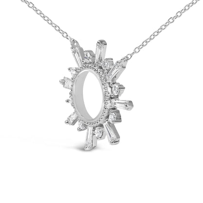 Close-up front angle of a white metal necklace pendant with an open circular center, adorned with alternating white baguette and round prong-set gemstones, shown on a white background.