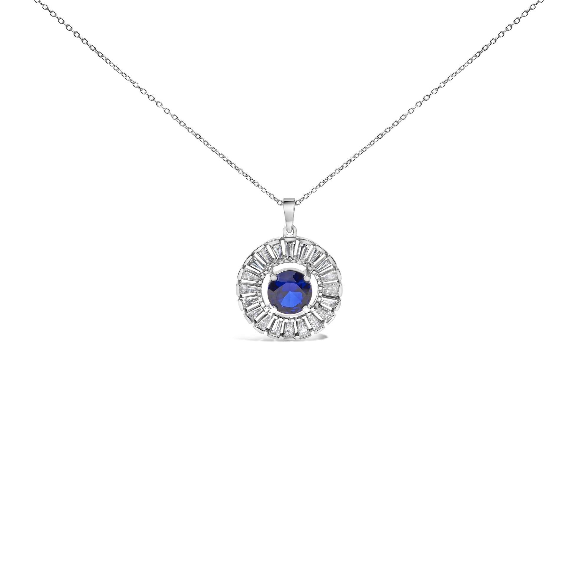 Sterling Silver Lab Grown Sapphire and Baguette Diamond Medallion Pendant Necklace