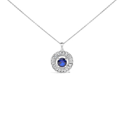 Sterling Silver Lab Grown Sapphire and Baguette Diamond Medallion Pendant Necklace