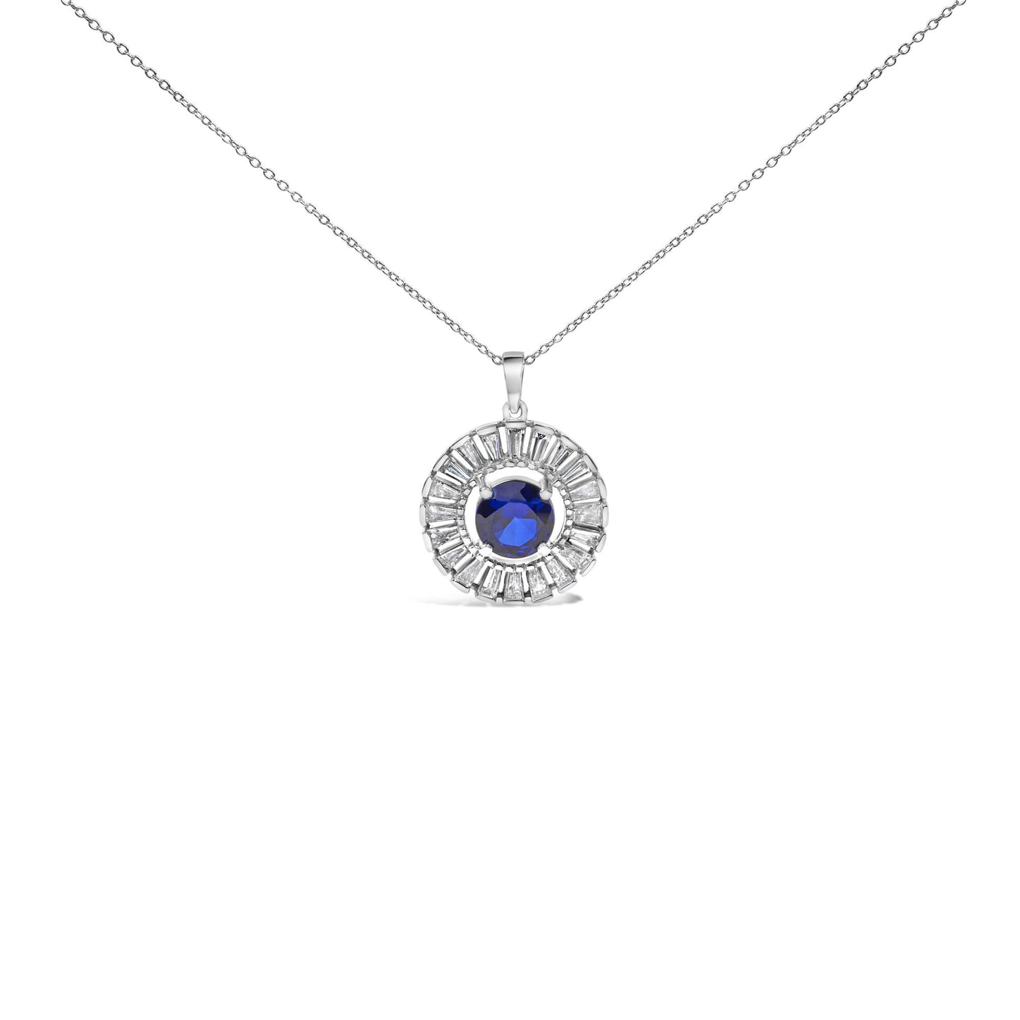 Sterling Silver Lab Grown Sapphire and Baguette Diamond Medallion Pendant Necklace