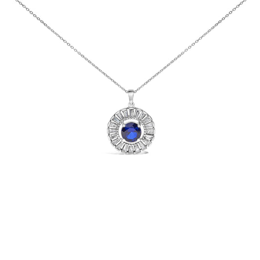 Sterling Silver Lab Grown Sapphire and Baguette Diamond Medallion Pendant Necklace