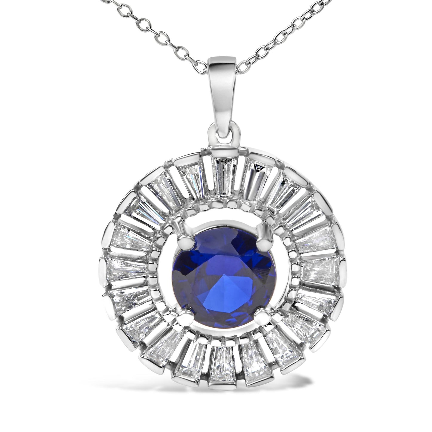 Sterling Silver Lab Grown Sapphire and Baguette Diamond Medallion Pendant Necklace