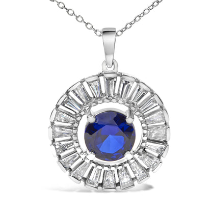 Sterling Silver Lab Grown Sapphire and Baguette Diamond Medallion Pendant Necklace