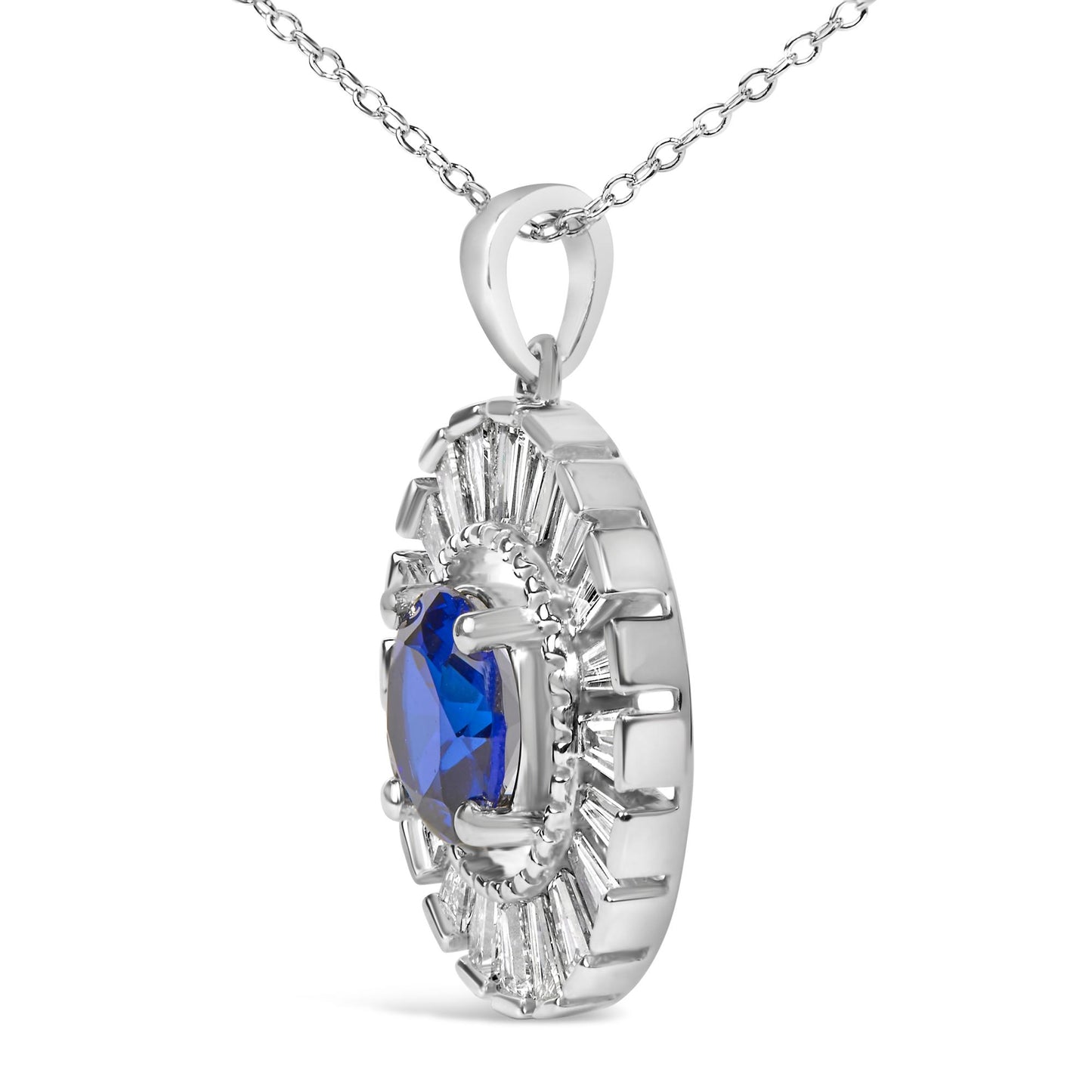 Sterling Silver Lab Grown Sapphire and Baguette Diamond Medallion Pendant Necklace
