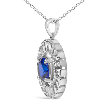 Sterling Silver Lab Grown Sapphire and Baguette Diamond Medallion Pendant Necklace