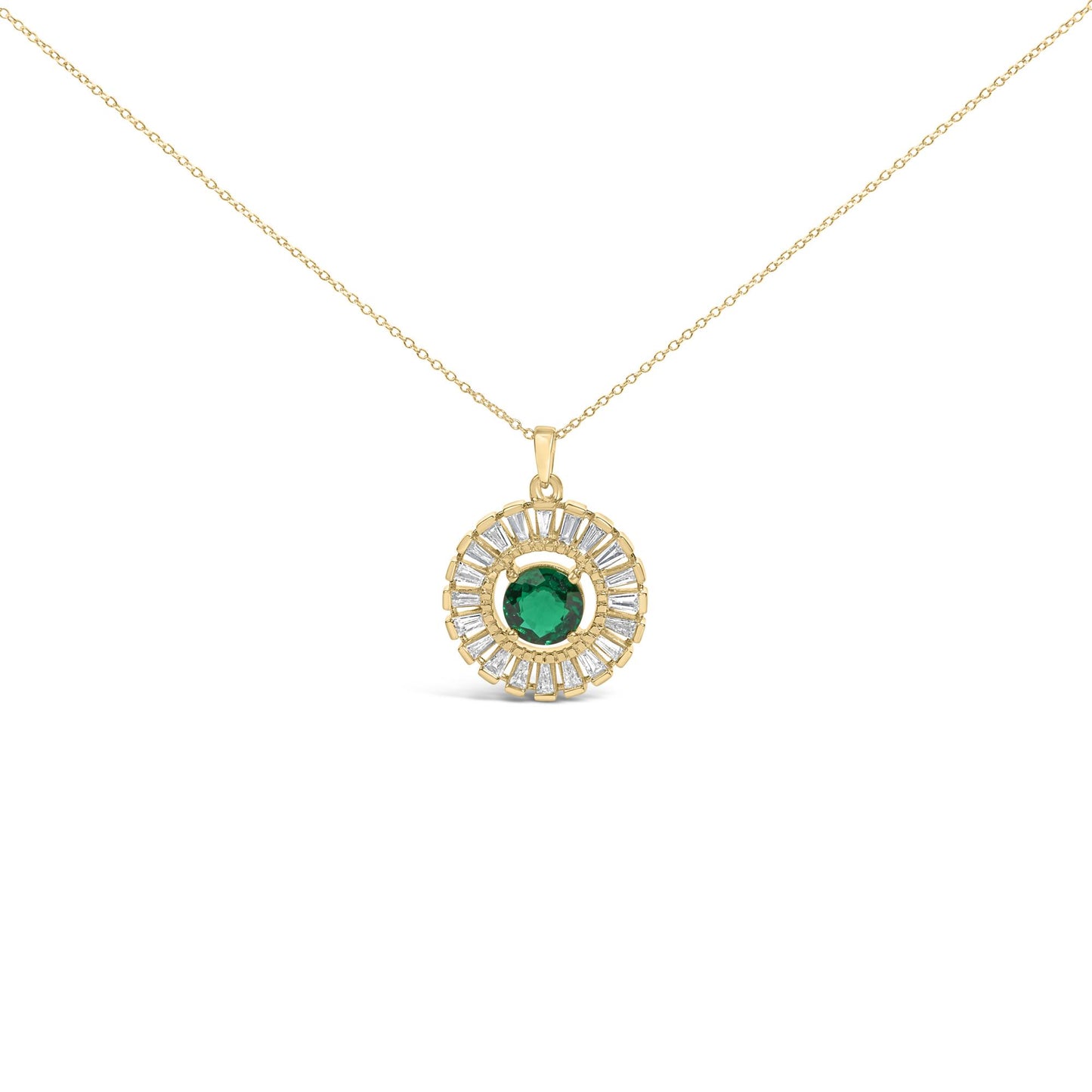 14K Yellow Gold Plated Silver Created Emerald and Diamond Sunburst Medallion Pendant Necklace